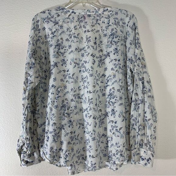 Vince Camuto Tranquil Peasant Blouse, White Blue Yellow Babydoll Top Size Medium - Picture 4 of 9